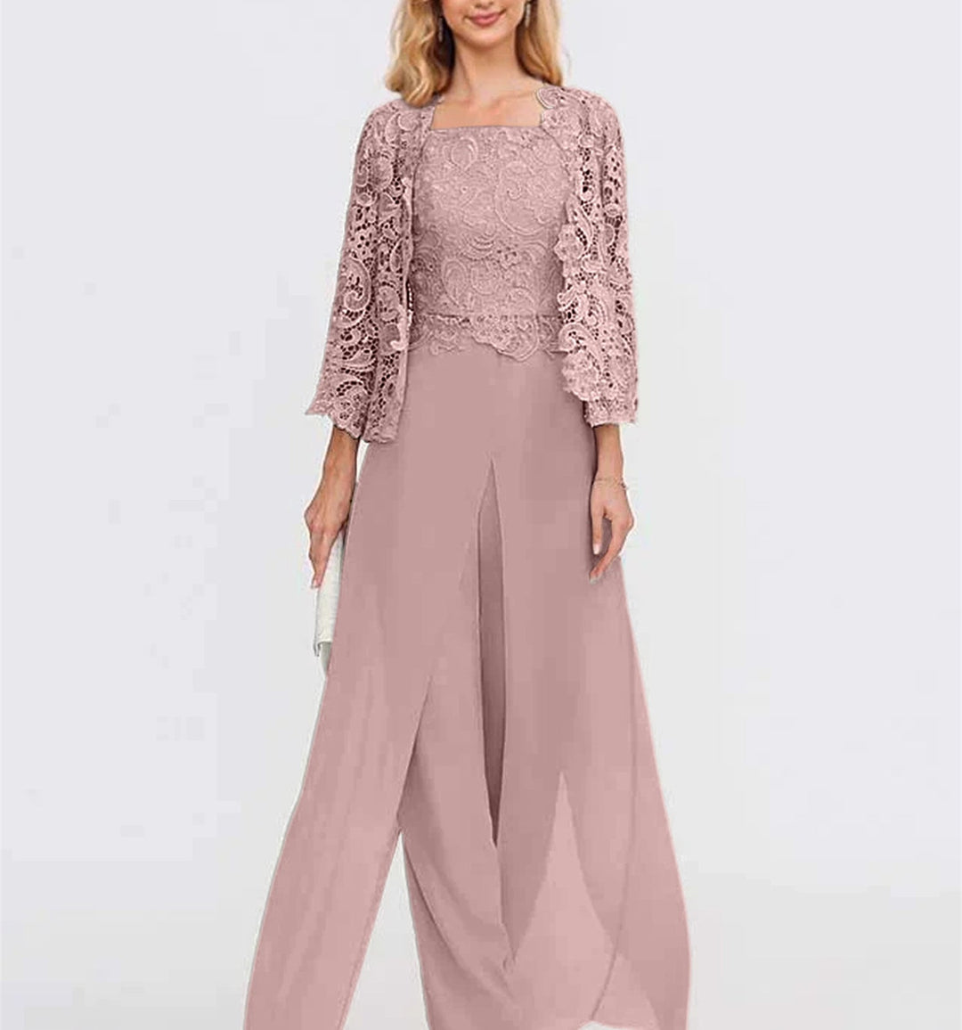 Tailleur-Pantalon en Mousseline à Col Carré et Longueur Au Sol pour Mère de la Mariée avec Veste et Fente Sur le Côté