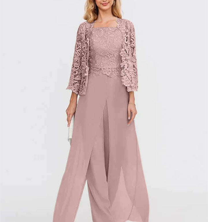 Tailleur-Pantalon en Mousseline à Col Carré et Longueur Au Sol pour Mère de la Mariée avec Veste et Fente Sur le Côté