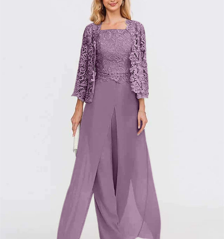 Tailleur-Pantalon en Mousseline à Col Carré et Longueur Au Sol pour Mère de la Mariée avec Veste et Fente Sur le Côté