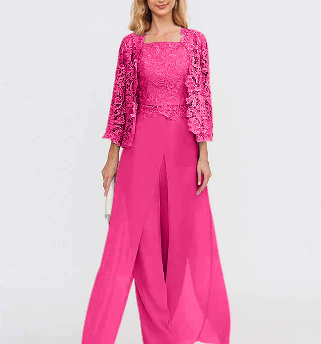 Tailleur-Pantalon en Mousseline à Col Carré et Longueur Au Sol pour Mère de la Mariée avec Veste et Fente Sur le Côté