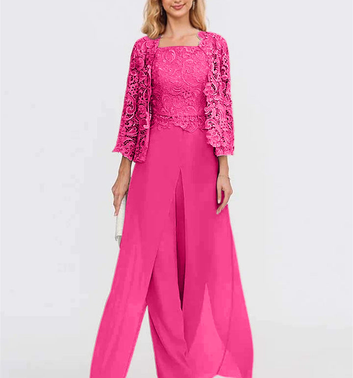 Tailleur-Pantalon en Mousseline à Col Carré et Longueur Au Sol pour Mère de la Mariée avec Veste et Fente Sur le Côté