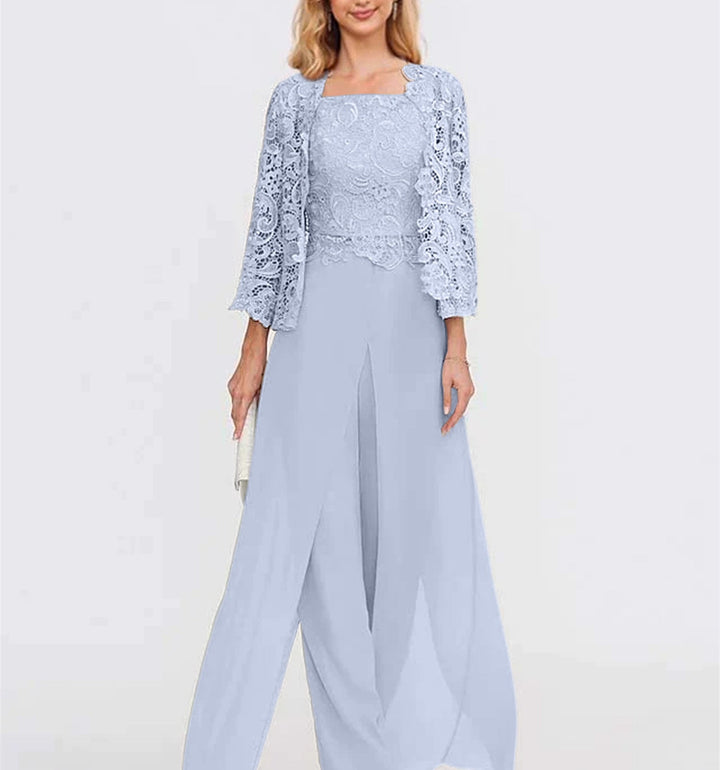 Tailleur-Pantalon en Mousseline à Col Carré et Longueur Au Sol pour Mère de la Mariée avec Veste et Fente Sur le Côté