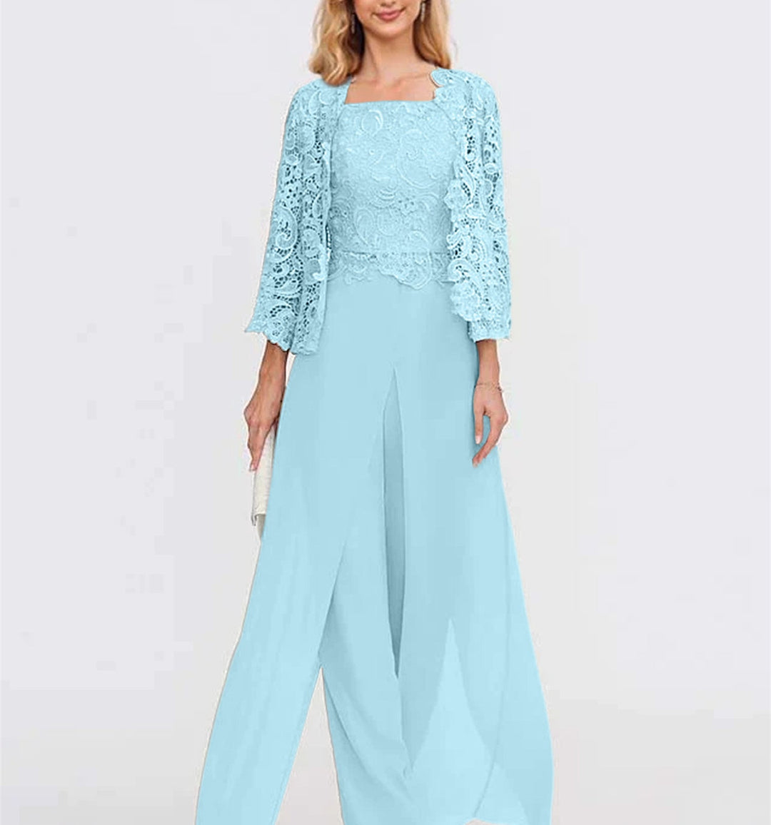 Tailleur-Pantalon en Mousseline à Col Carré et Longueur Au Sol pour Mère de la Mariée avec Veste et Fente Sur le Côté