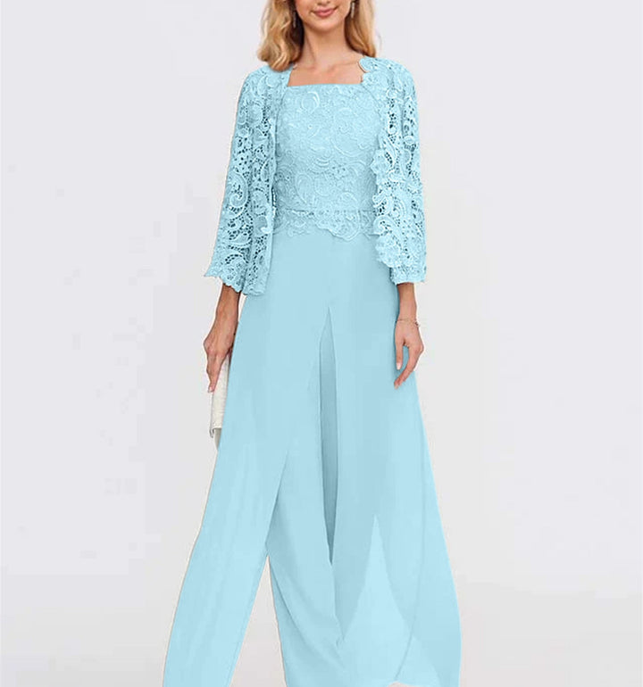 Tailleur-Pantalon en Mousseline à Col Carré et Longueur Au Sol pour Mère de la Mariée avec Veste et Fente Sur le Côté