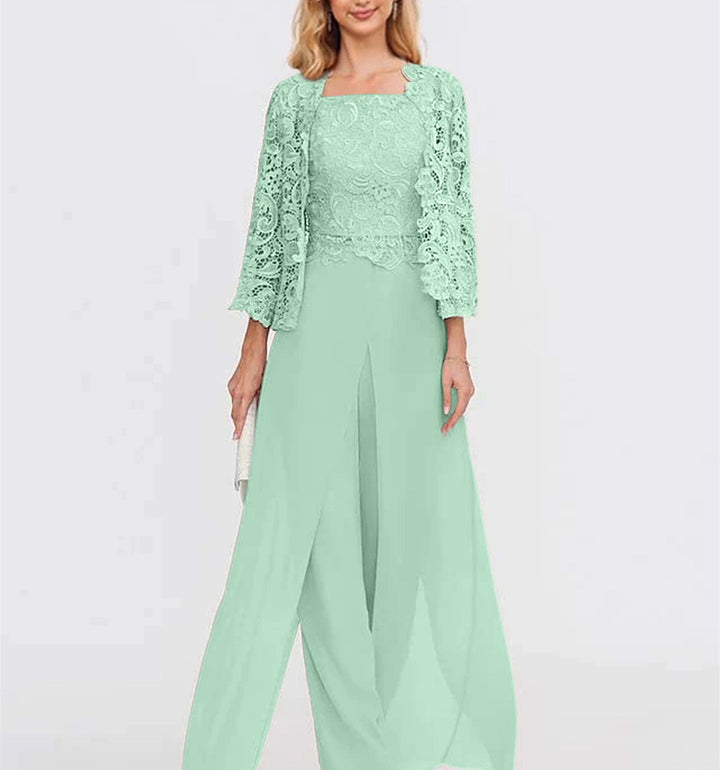 Tailleur-Pantalon en Mousseline à Col Carré et Longueur Au Sol pour Mère de la Mariée avec Veste et Fente Sur le Côté