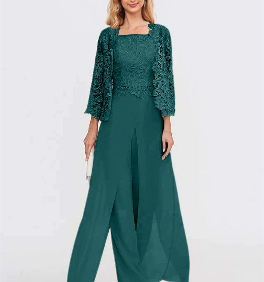 Tailleur-Pantalon en Mousseline à Col Carré et Longueur Au Sol pour Mère de la Mariée avec Veste et Fente Sur le Côté