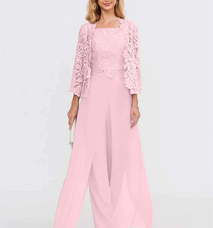 Tailleur-Pantalon en Mousseline à Col Carré et Longueur Au Sol pour Mère de la Mariée avec Veste et Fente Sur le Côté