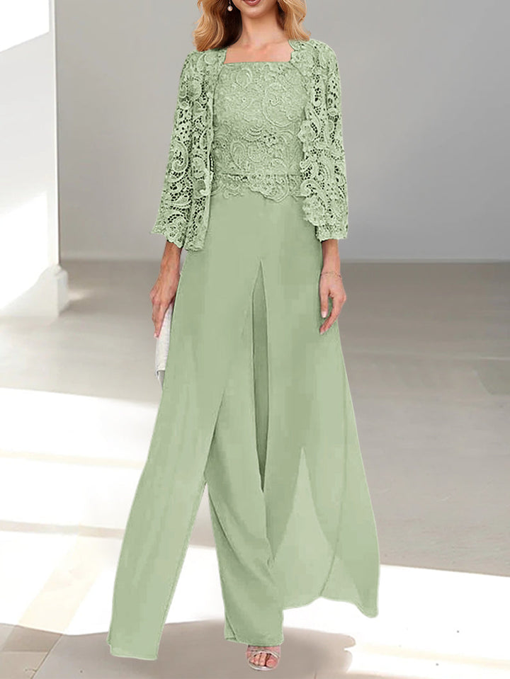 Tailleur-Pantalon en Mousseline à Col Carré et Longueur Au Sol pour Mère de la Mariée avec Veste et Fente Sur le Côté