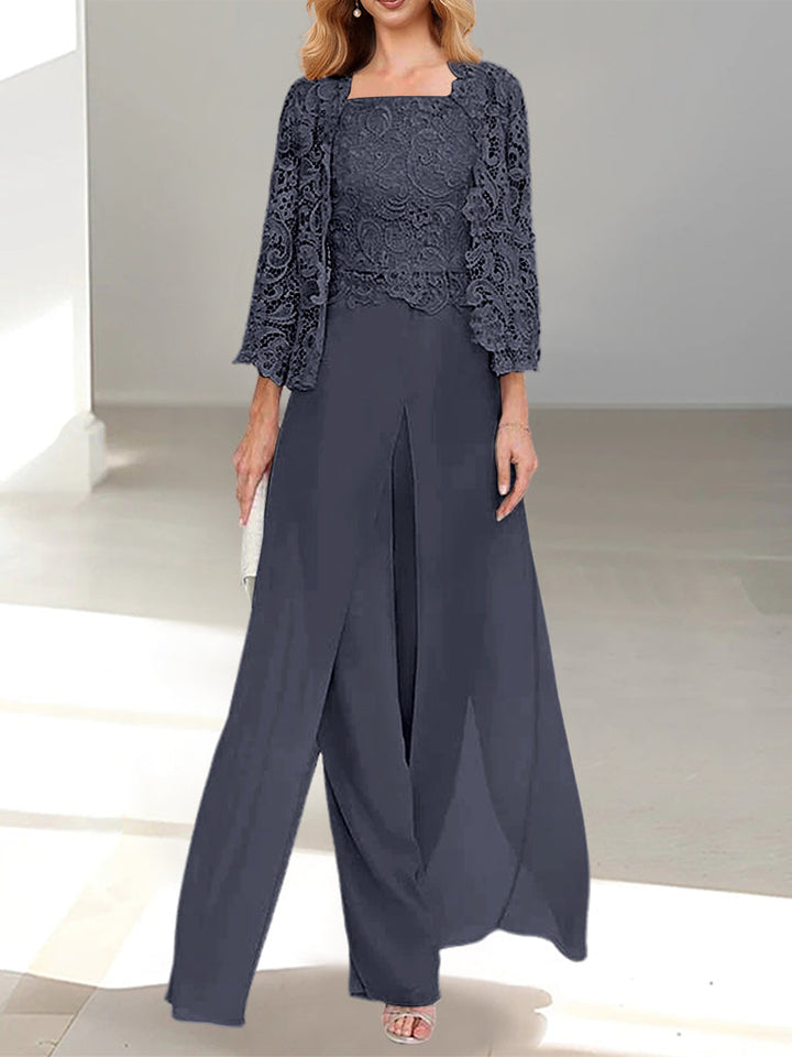 Tailleur-Pantalon en Mousseline à Col Carré et Longueur Au Sol pour Mère de la Mariée avec Veste et Fente Sur le Côté