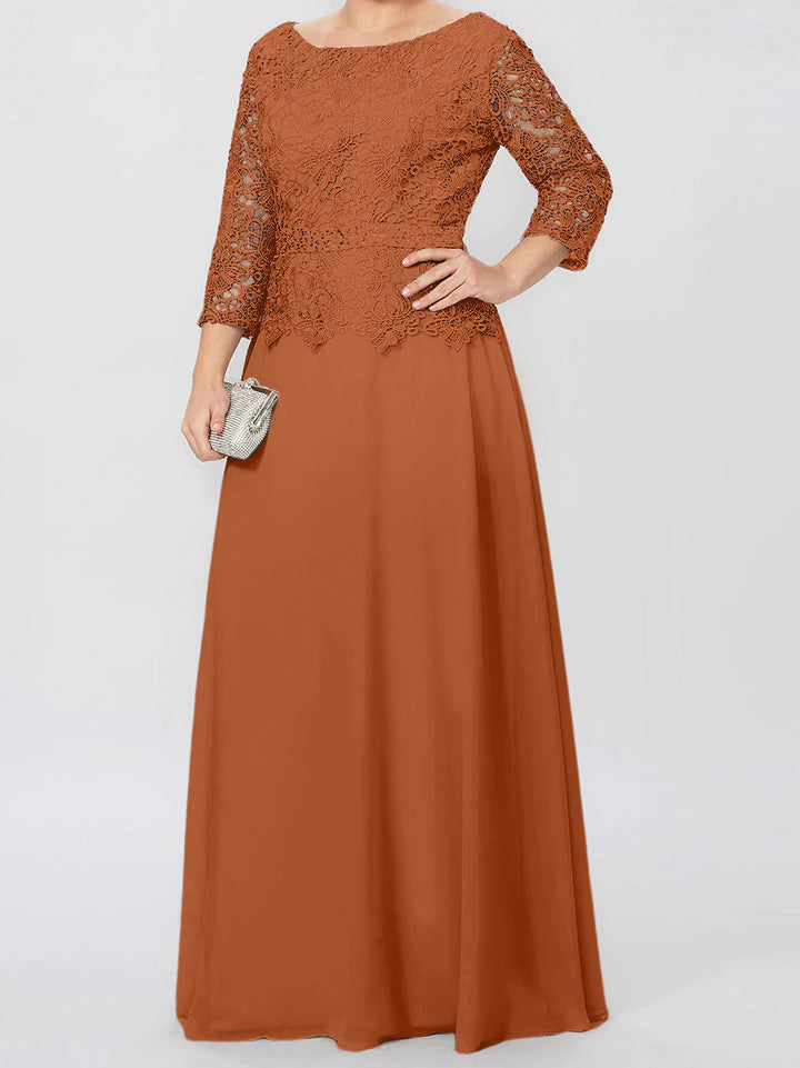 Robe de Mère de la Mariée Coupe A-Line/Princess, Col Rond, Manches 3/4, Longueur Au Sol, avec Appliques et Paillettes