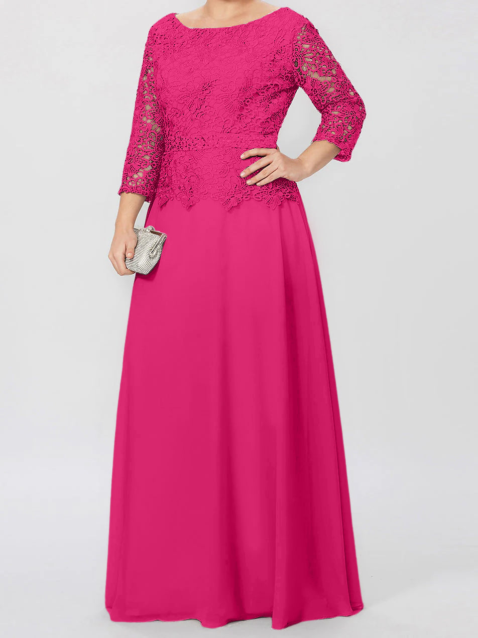 Robe de Mère de la Mariée Coupe A-Line/Princess, Col Rond, Manches 3/4, Longueur Au Sol, avec Appliques et Paillettes
