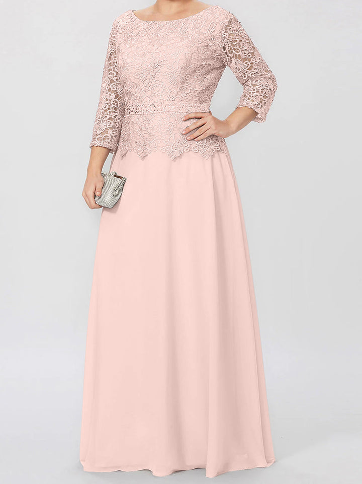 Robe de Mère de la Mariée Coupe A-Line/Princess, Col Rond, Manches 3/4, Longueur Au Sol, avec Appliques et Paillettes