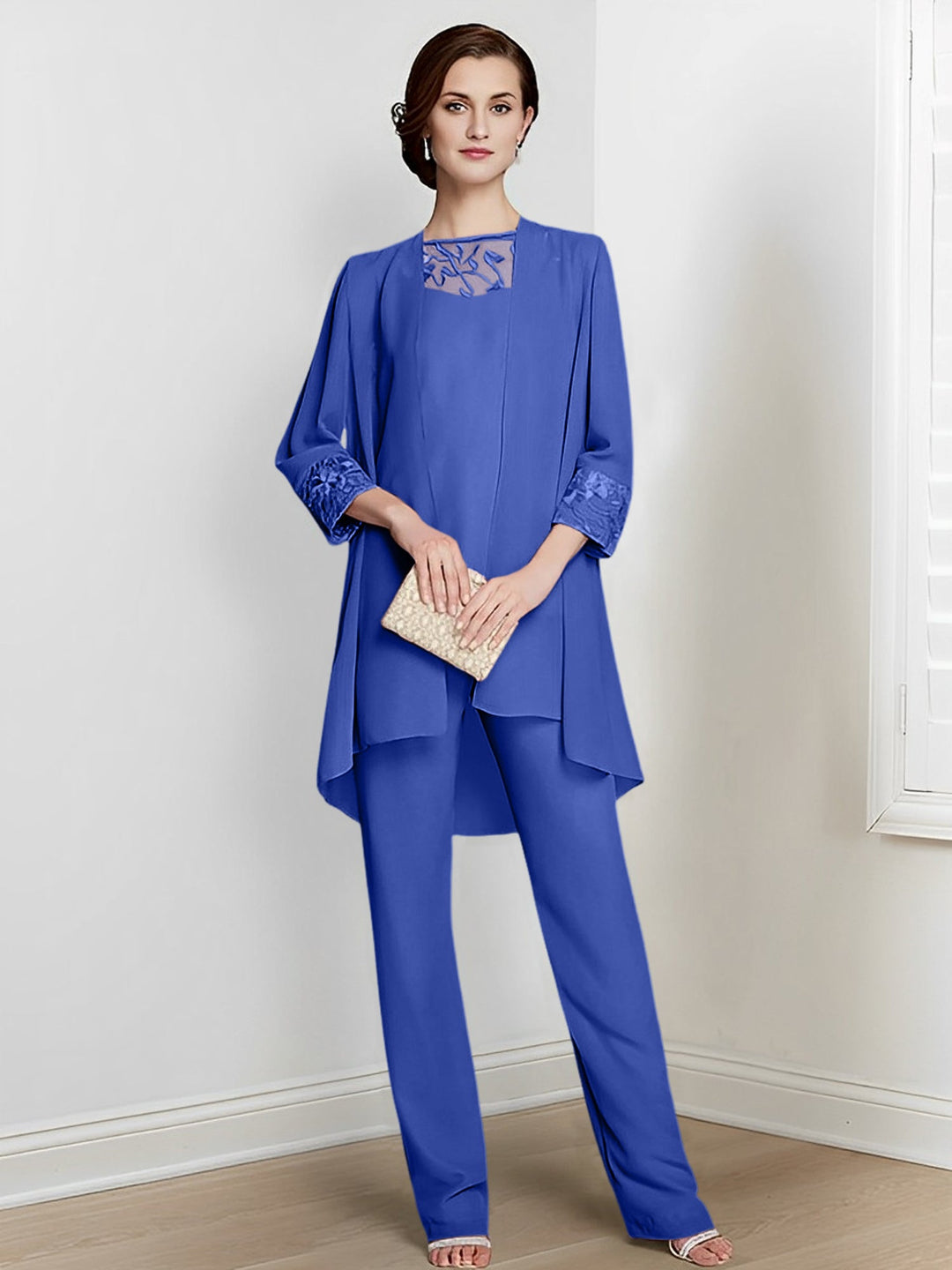 Tailleur-Pantalon en Mousseline de Soie à Col Carré et Manches Longues pour Mère de la Mariée avec Veste