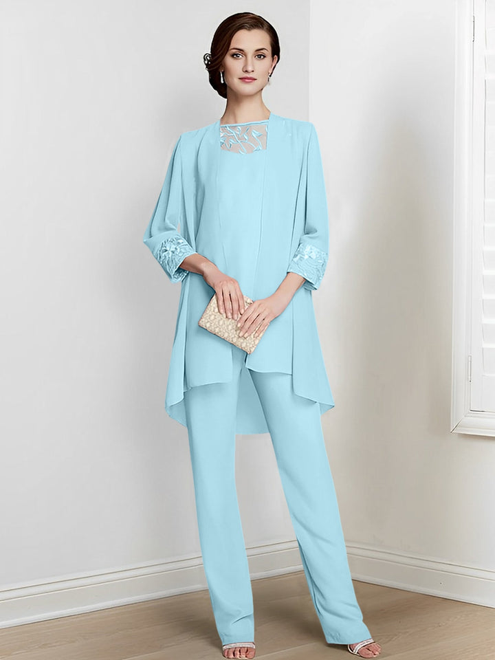 Tailleur-Pantalon en Mousseline de Soie à Col Carré et Manches Longues pour Mère de la Mariée avec Veste