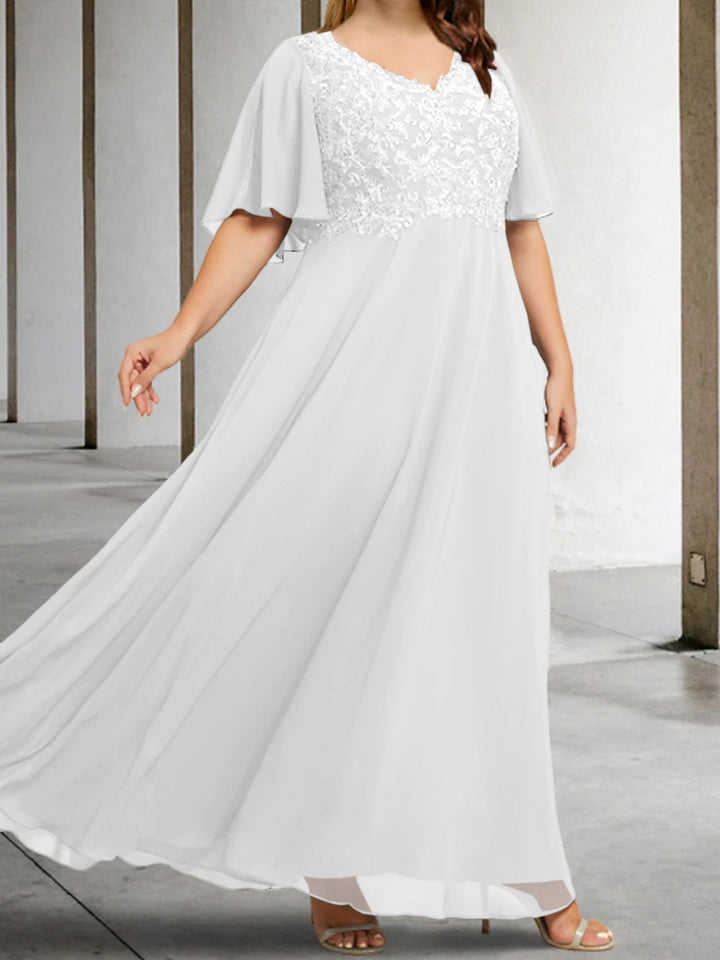 Ligne A/Princesse Col en V Demi-manches La Longueur du Sol Robes Mère de La Mariée avec Appliqué