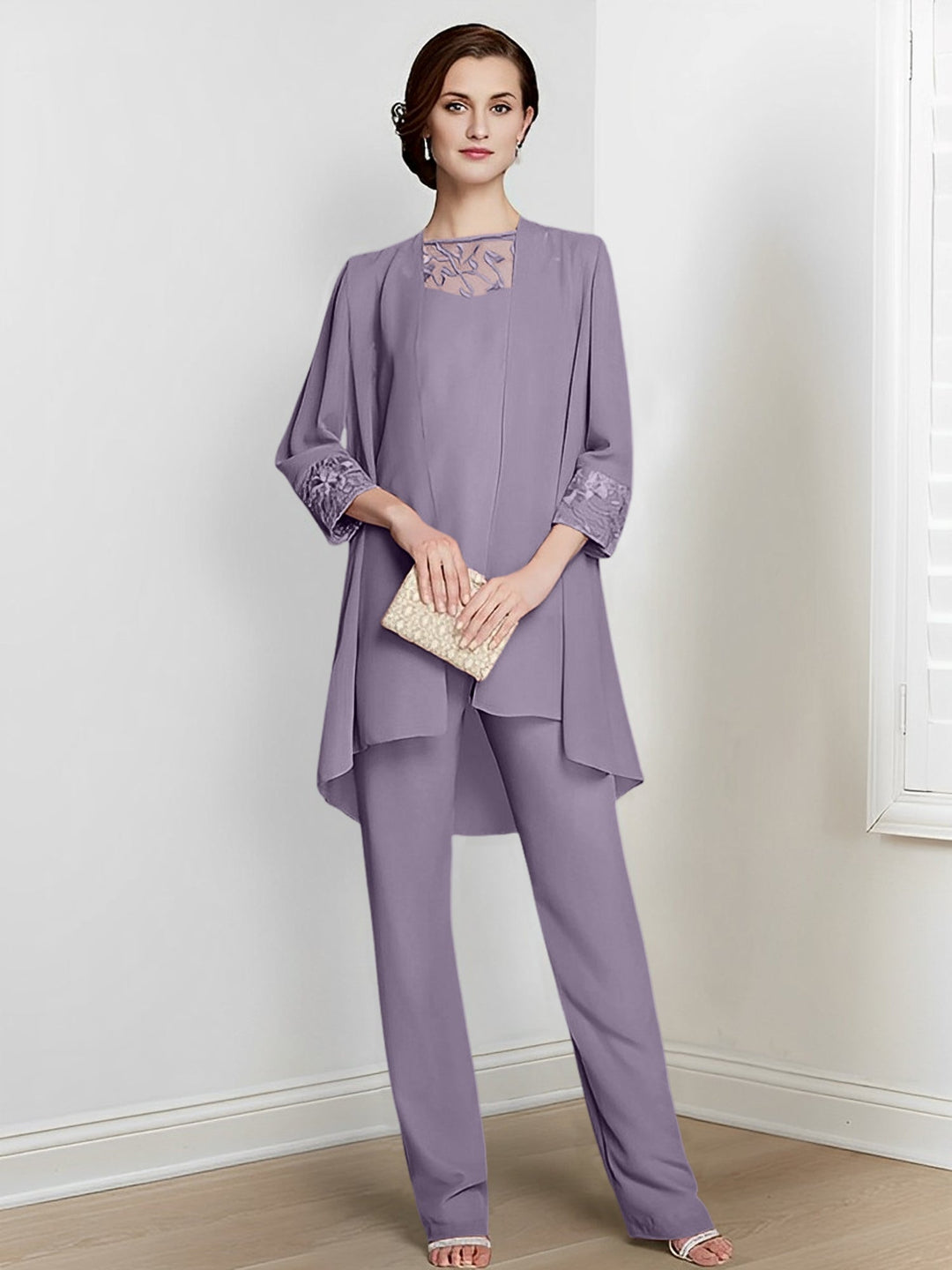 Tailleur-Pantalon en Mousseline de Soie à Col Carré et Manches Longues pour Mère de la Mariée avec Veste