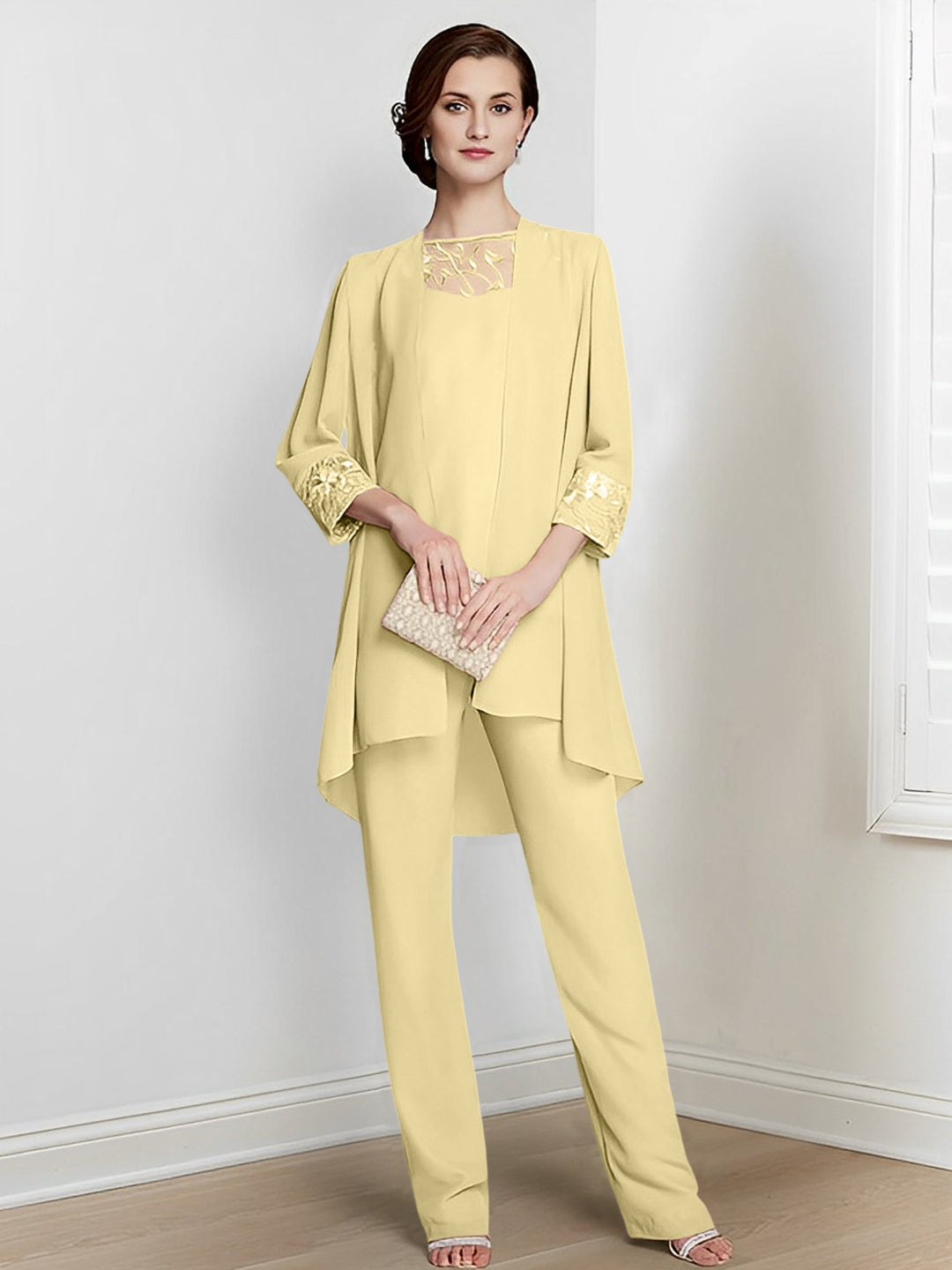 Tailleur-Pantalon en Mousseline de Soie à Col Carré et Manches Longues pour Mère de la Mariée avec Veste
