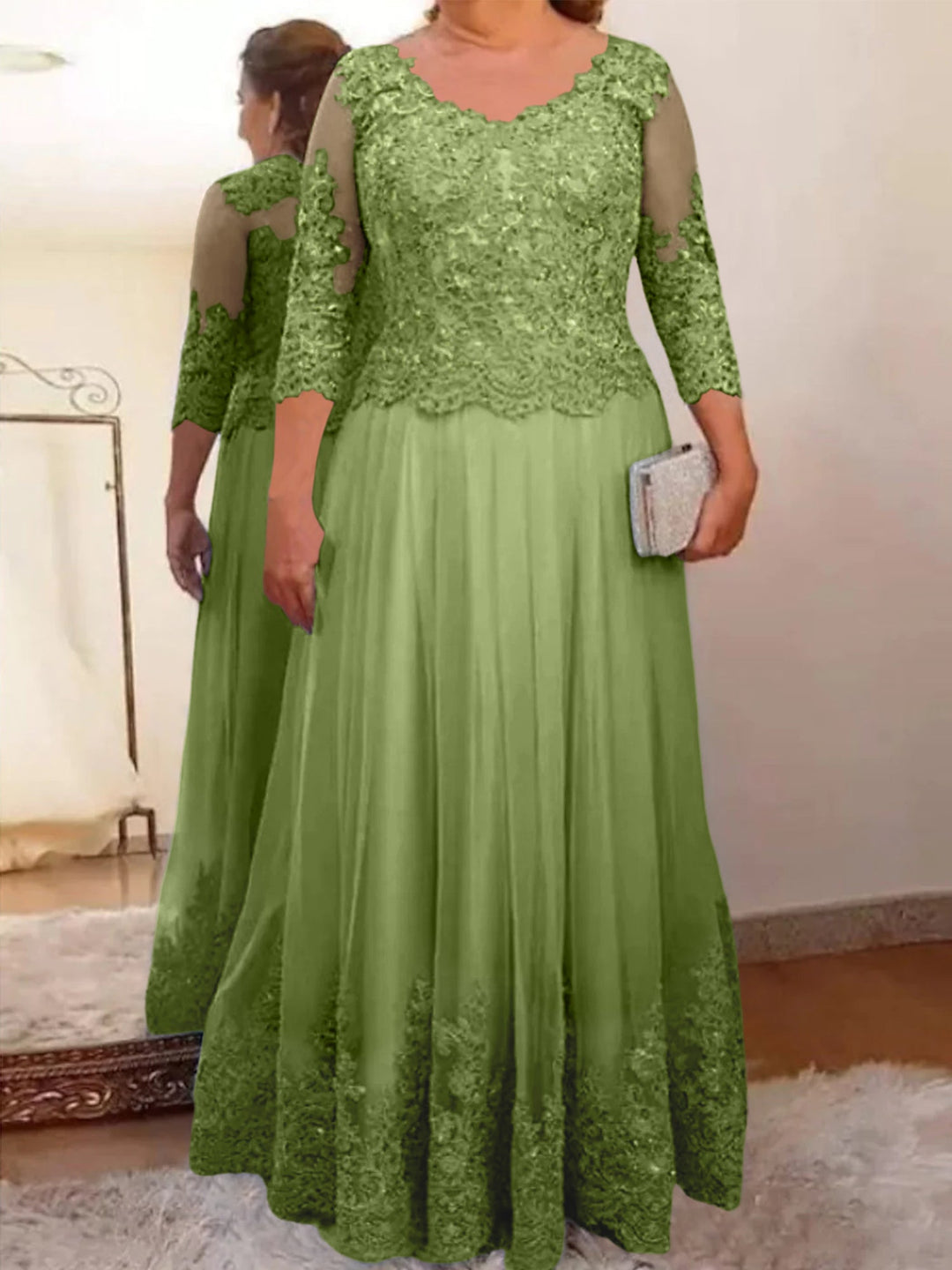 Robe de Mère de la Mariée Coupe A-Line/Princess, Col Transparent, Manches 3/4, Longueur Au Sol, avec Appliques