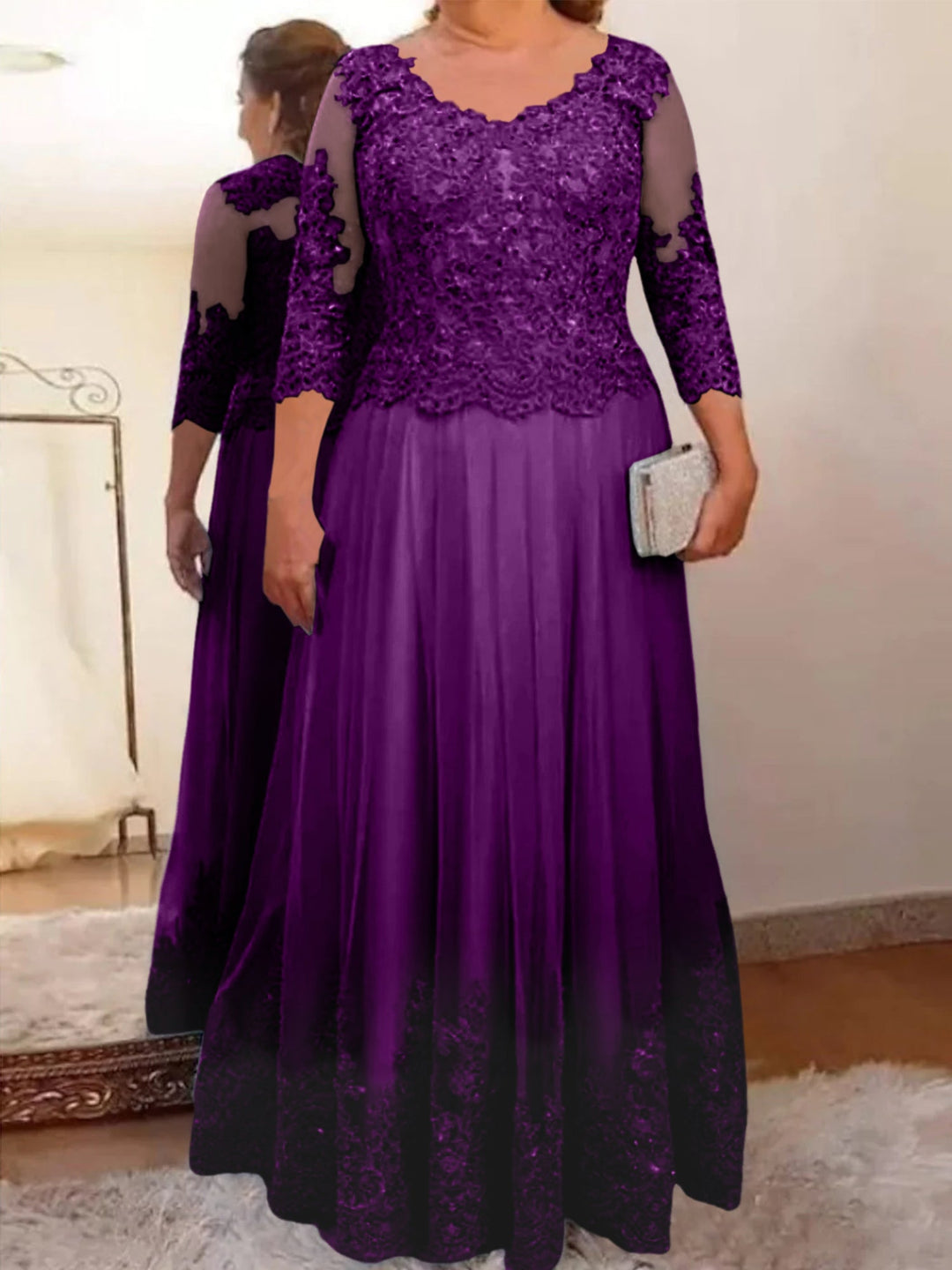Robe de Mère de la Mariée Coupe A-Line/Princess, Col Transparent, Manches 3/4, Longueur Au Sol, avec Appliques