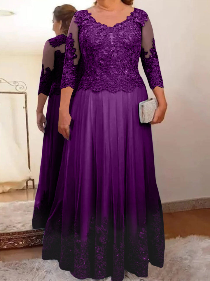 Robe de Mère de la Mariée Coupe A-Line/Princess, Col Transparent, Manches 3/4, Longueur Au Sol, avec Appliques