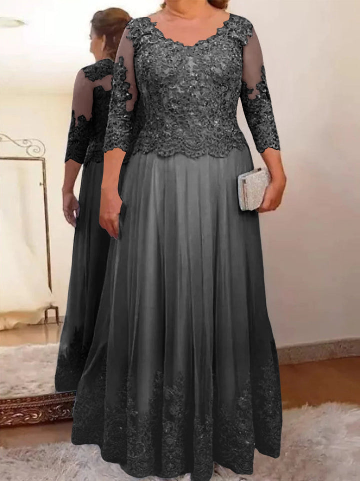 Robe de Mère de la Mariée Coupe A-Line/Princess, Col Transparent, Manches 3/4, Longueur Au Sol, avec Appliques