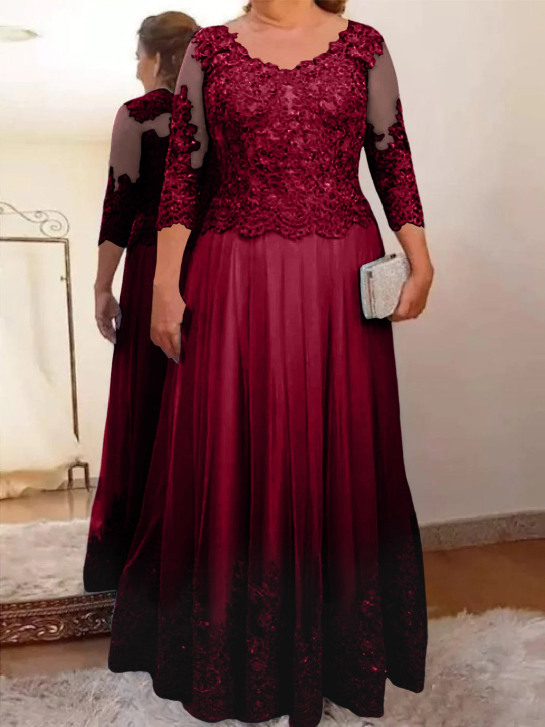 Robe de Mère de la Mariée Coupe A-Line/Princess, Col Transparent, Manches 3/4, Longueur Au Sol, avec Appliques