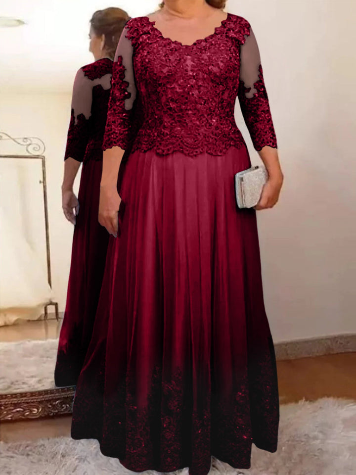 Robe de Mère de la Mariée Coupe A-Line/Princess, Col Transparent, Manches 3/4, Longueur Au Sol, avec Appliques