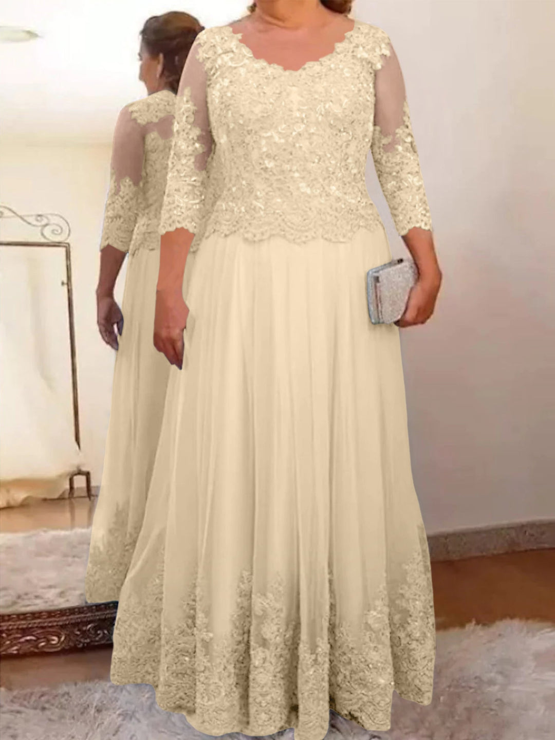 Robe de Mère de la Mariée Coupe A-Line/Princess, Col Transparent, Manches 3/4, Longueur Au Sol, avec Appliques