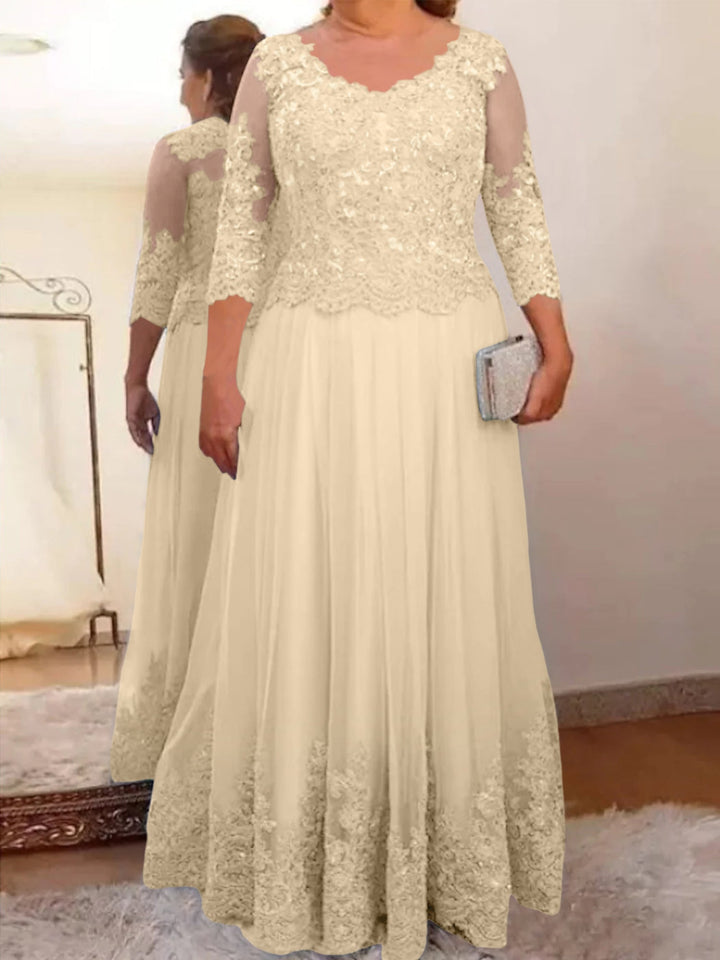 Robe de Mère de la Mariée Coupe A-Line/Princess, Col Transparent, Manches 3/4, Longueur Au Sol, avec Appliques