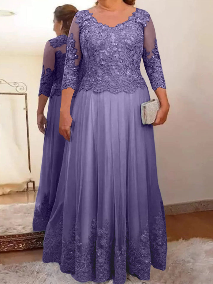 Robe de Mère de la Mariée Coupe A-Line/Princess, Col Transparent, Manches 3/4, Longueur Au Sol, avec Appliques