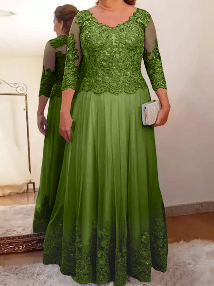 Robe de Mère de la Mariée Coupe A-Line/Princess, Col Transparent, Manches 3/4, Longueur Au Sol, avec Appliques