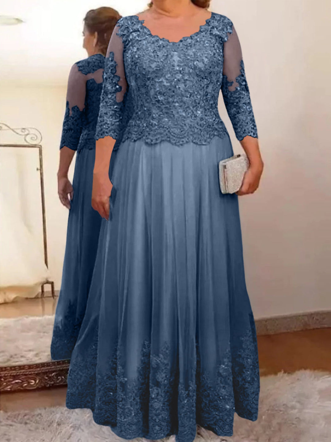 Robe de Mère de la Mariée Coupe A-Line/Princess, Col Transparent, Manches 3/4, Longueur Au Sol, avec Appliques