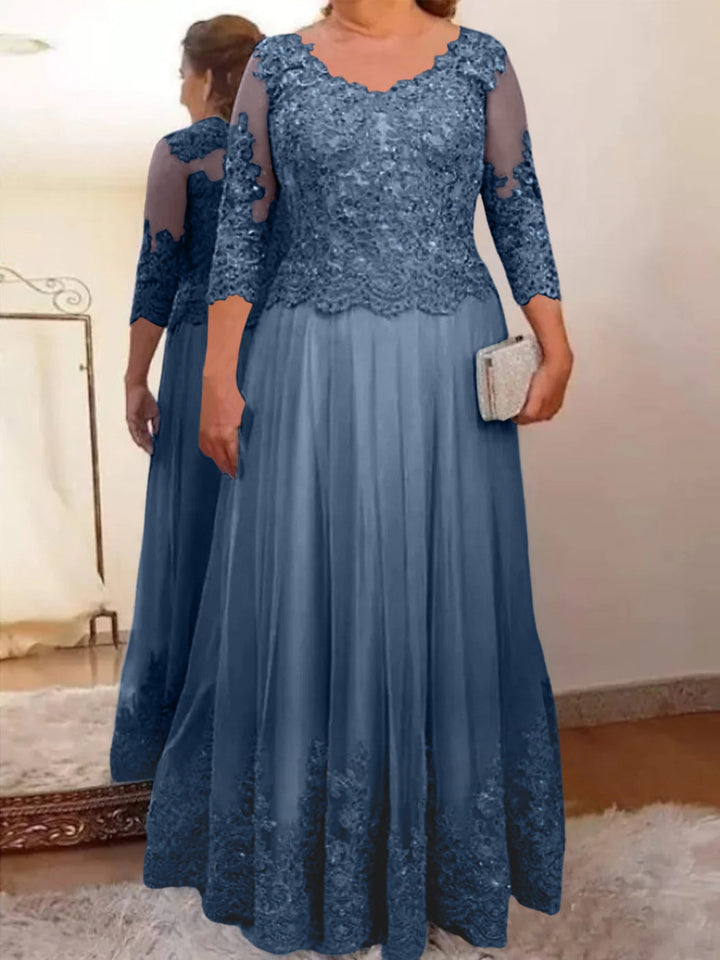 Robe de Mère de la Mariée Coupe A-Line/Princess, Col Transparent, Manches 3/4, Longueur Au Sol, avec Appliques