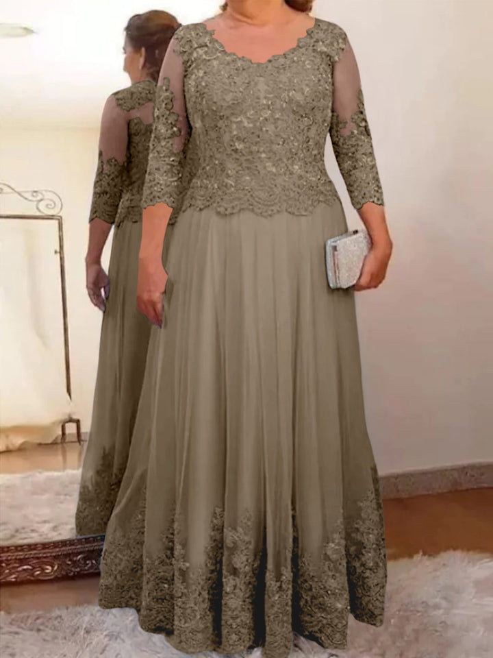 Robe de Mère de la Mariée Coupe A-Line/Princess, Col Transparent, Manches 3/4, Longueur Au Sol, avec Appliques