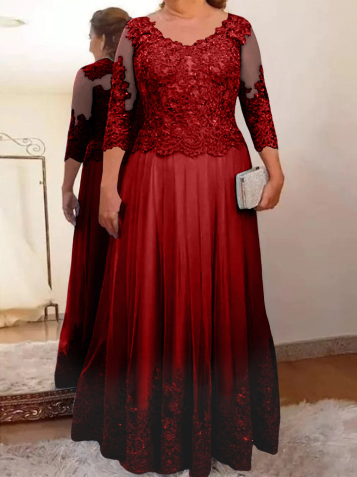 Robe de Mère de la Mariée Coupe A-Line/Princess, Col Transparent, Manches 3/4, Longueur Au Sol, avec Appliques