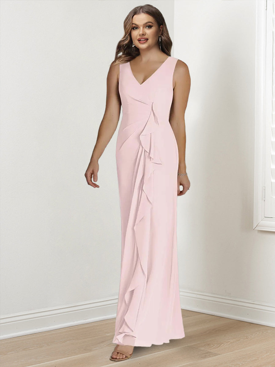 Robe de Mère de la Mariée Grande Taille à Col en V Sans Manches, Longueur Au Sol, avec Enveloppes