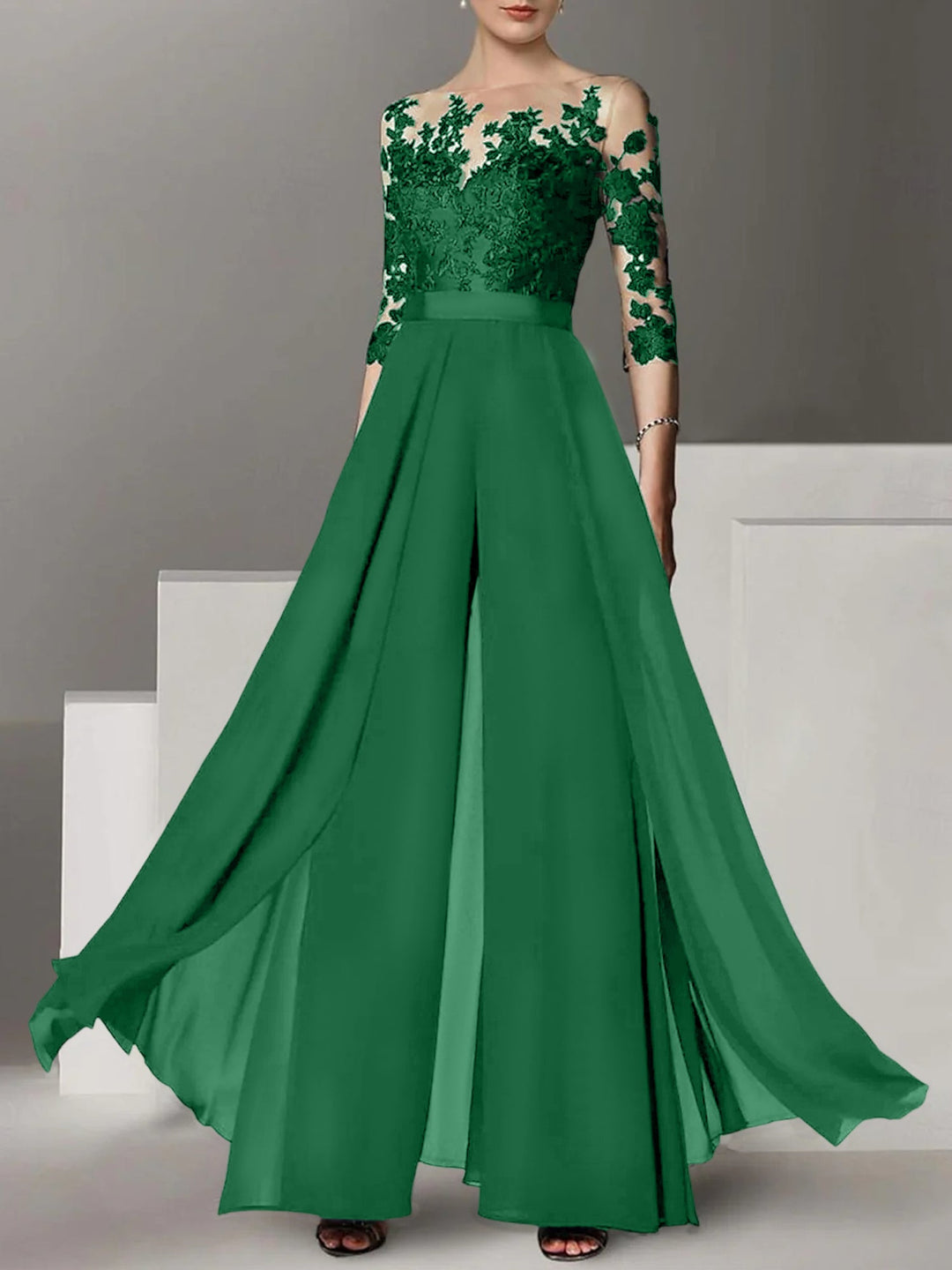 Ligne A/Princesse Collier Bijou 3/4 Length Sleeves La Longueur du Sol Plus TailleTailleurs-pantalons pour mère de la mariée avec Appliqué