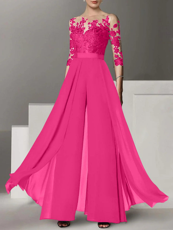 Ligne A/Princesse Collier Bijou 3/4 Length Sleeves La Longueur du Sol Plus TailleTailleurs-pantalons pour mère de la mariée avec Appliqué