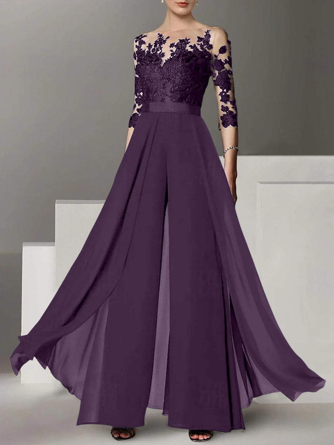 Ligne A/Princesse Collier Bijou 3/4 Length Sleeves La Longueur du Sol Plus TailleTailleurs-pantalons pour mère de la mariée avec Appliqué