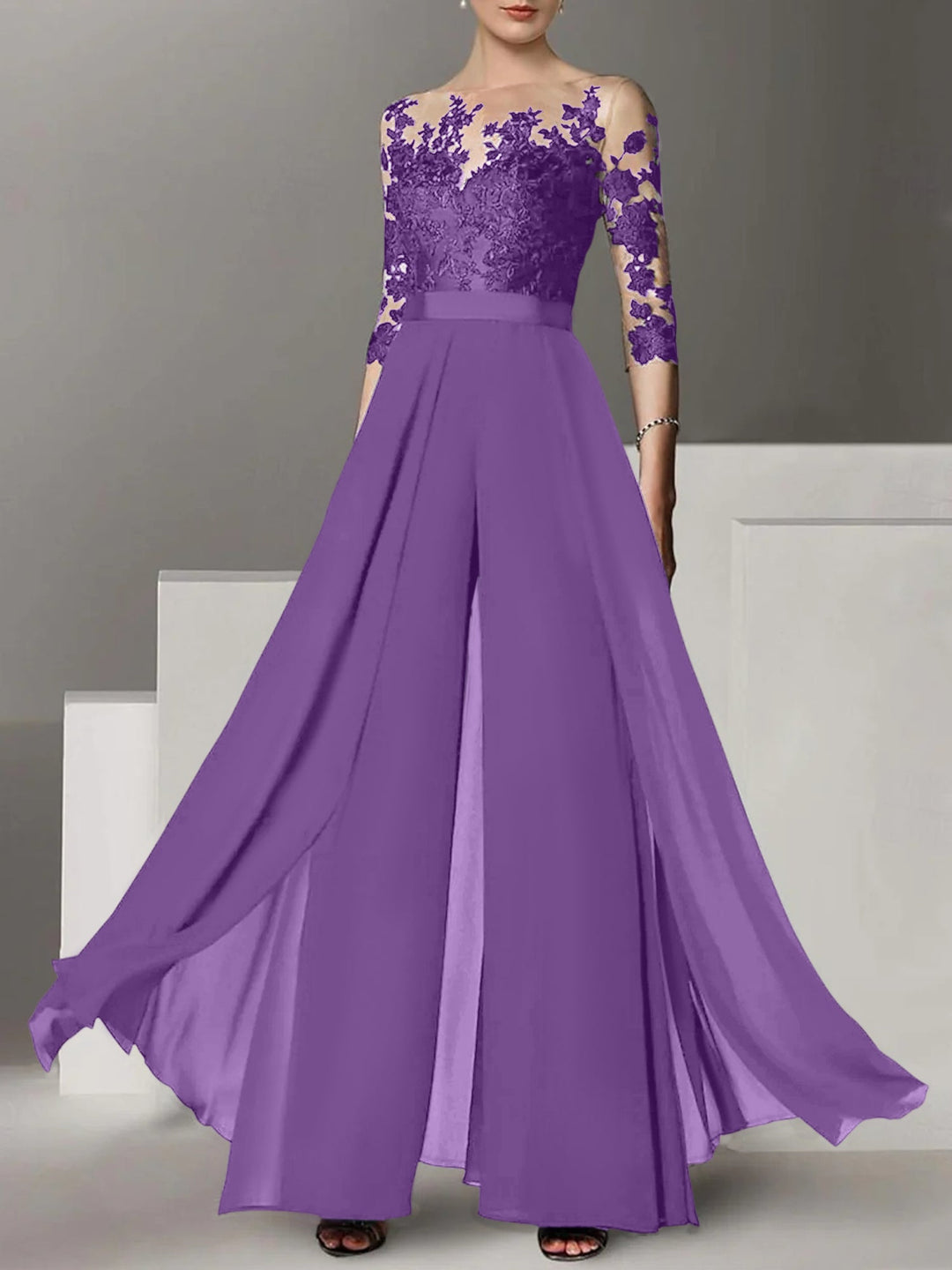 Ligne A/Princesse Collier Bijou 3/4 Length Sleeves La Longueur du Sol Plus TailleTailleurs-pantalons pour mère de la mariée avec Appliqué