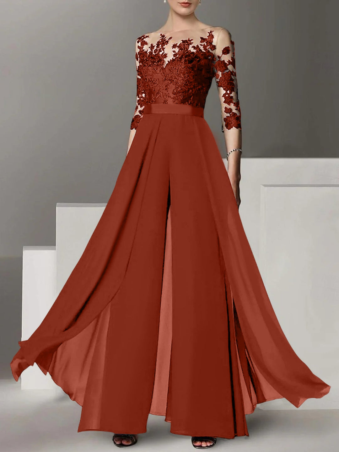 Ligne A/Princesse Collier Bijou 3/4 Length Sleeves La Longueur du Sol Plus TailleTailleurs-pantalons pour mère de la mariée avec Appliqué