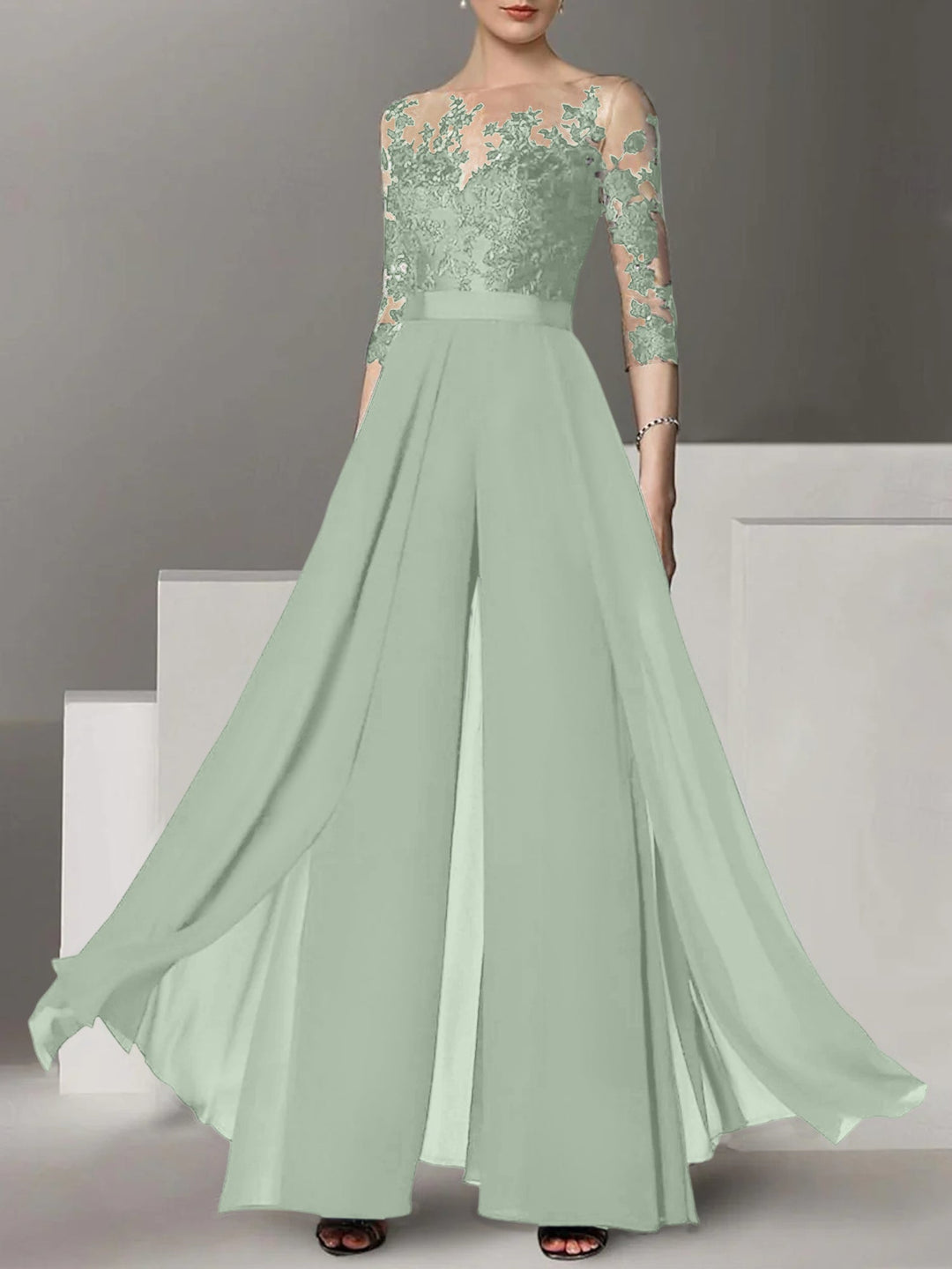 Ligne A/Princesse Collier Bijou 3/4 Length Sleeves La Longueur du Sol Plus TailleTailleurs-pantalons pour mère de la mariée avec Appliqué