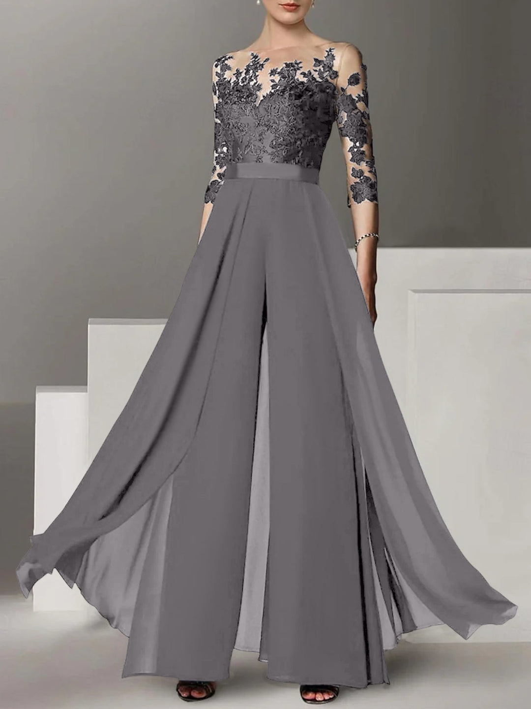 Ligne A/Princesse Collier Bijou 3/4 Length Sleeves La Longueur du Sol Plus TailleTailleurs-pantalons pour mère de la mariée avec Appliqué