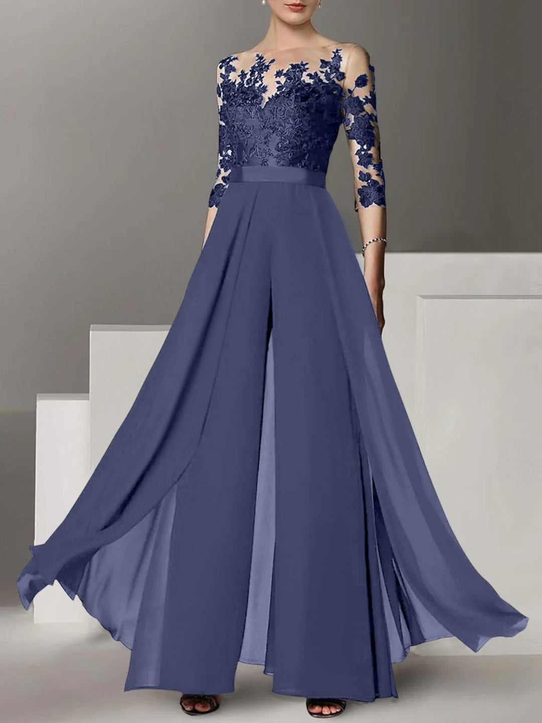 Ligne A/Princesse Collier Bijou 3/4 Length Sleeves La Longueur du Sol Plus TailleTailleurs-pantalons pour mère de la mariée avec Appliqué