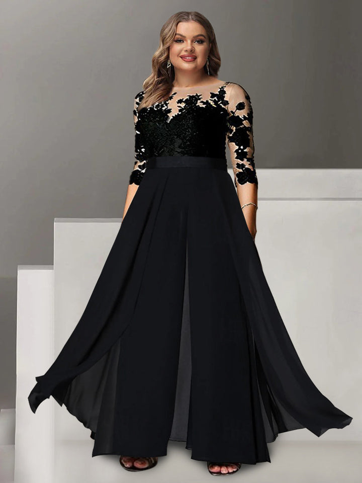 Ligne A/Princesse Collier Bijou 3/4 Length Sleeves La Longueur du Sol Plus TailleTailleurs-pantalons pour mère de la mariée avec Appliqué
