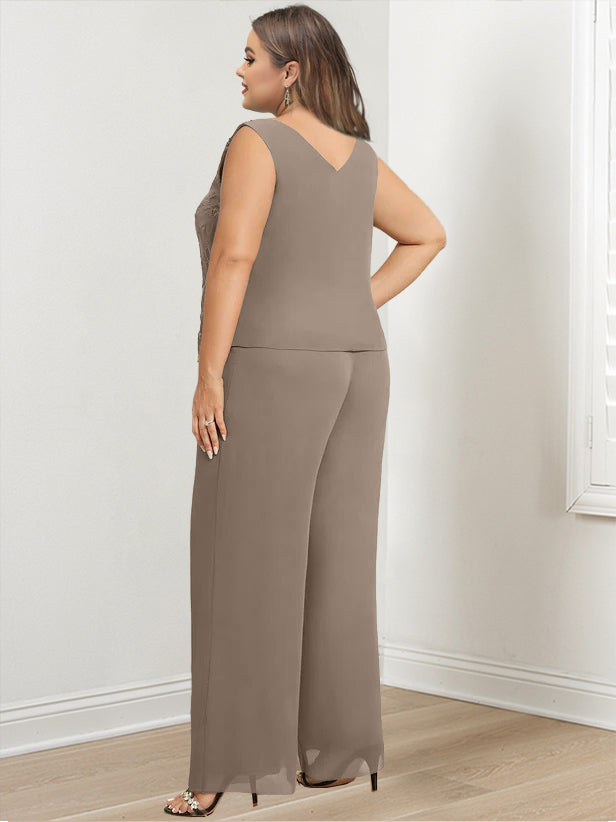 Tailleur-Pantalon en Mousseline de Soie à Col Rond et Longueur Au Sol avec Veste et Appliques pour Mère de la Mariée, Grande Taille
