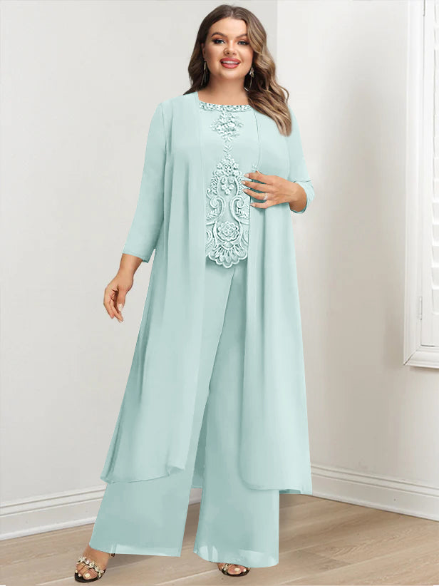 Tailleur-Pantalon en Mousseline de Soie à Col Rond et Longueur Au Sol avec Veste et Appliques pour Mère de la Mariée, Grande Taille