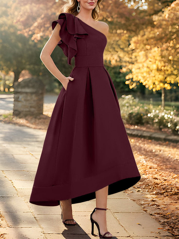 Robe de Mère de la Mariée Asymétrique Sans Manches à Une Épaule et Coupe Princesse avec Volants