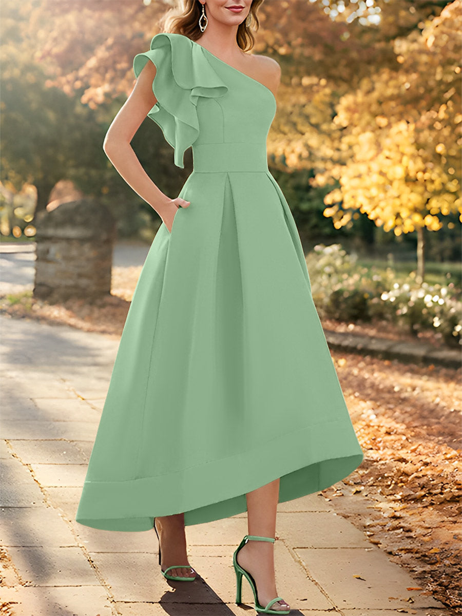 Robe de Mère de la Mariée Asymétrique Sans Manches à Une Épaule et Coupe Princesse avec Volants