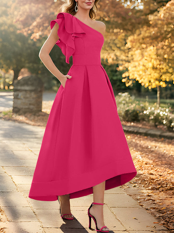 Robe de Mère de la Mariée Asymétrique Sans Manches à Une Épaule et Coupe Princesse avec Volants